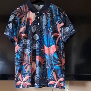 SHEIN Blue and Pink Polo Shirt with Tropical Print